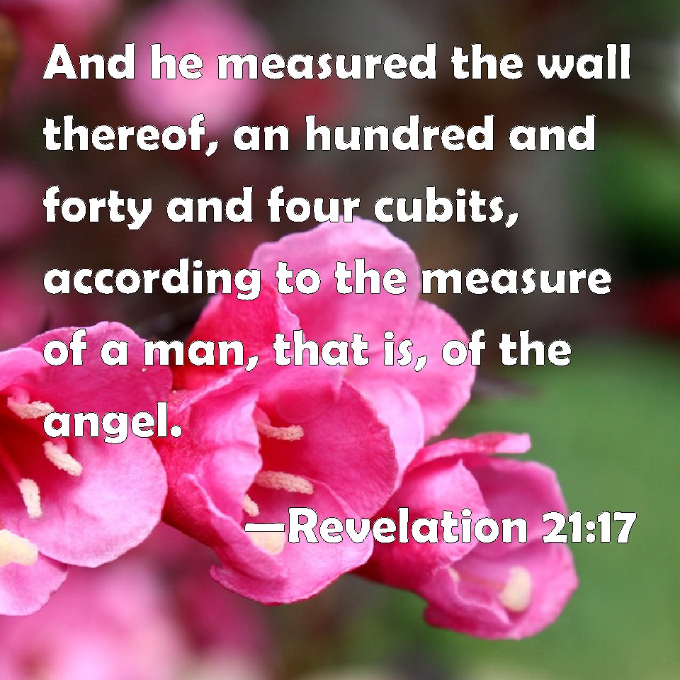 Apocalipsis 21:17 Y midió su muro, ciento cuarenta y cuatro codos, de medida de hombre, la cual es de ángel.