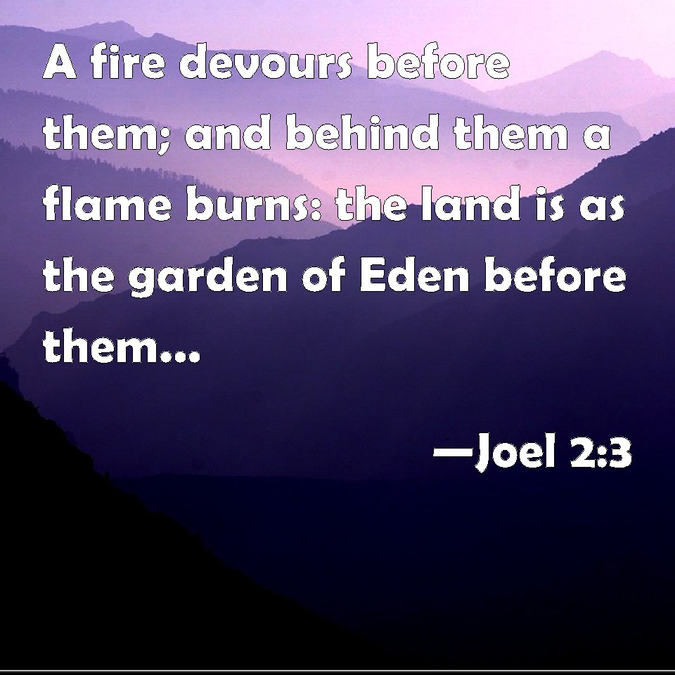 Joel 2:3 A fire devours before them; and behind them a flame burns: the ...