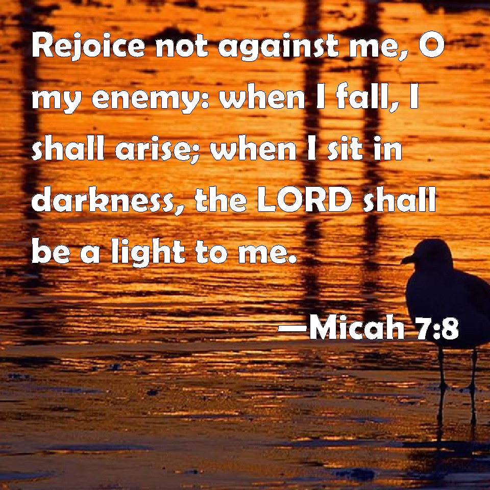 Micah 7:8 Rejoice Not Against Me, O My Enemy: When I Fall, I Shall Arise;  When I Sit In Darkness, The Lord Shall Be A Light To Me.