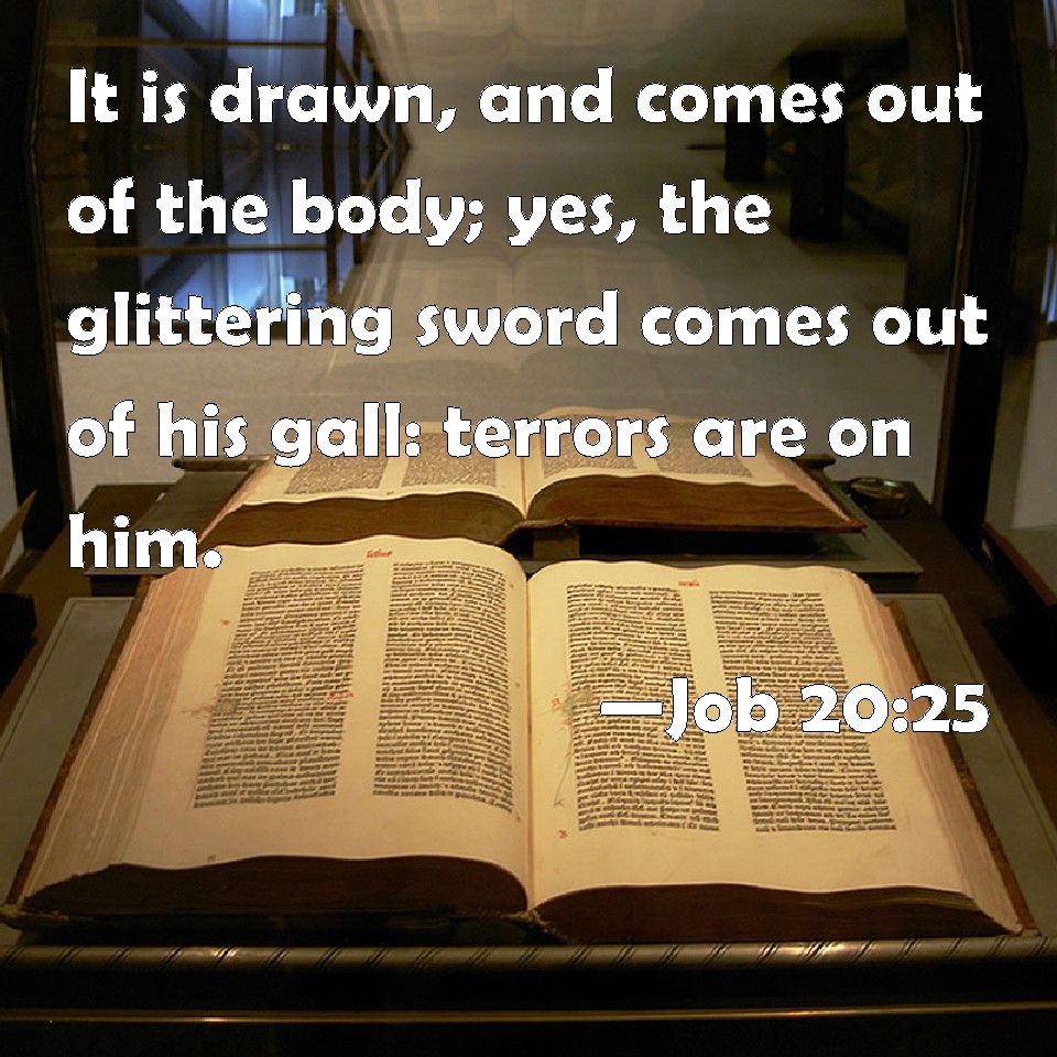 Job 20:25 It is drawn, and comes out of the body; yes, the glittering sword  comes out of his gall: terrors are on him.