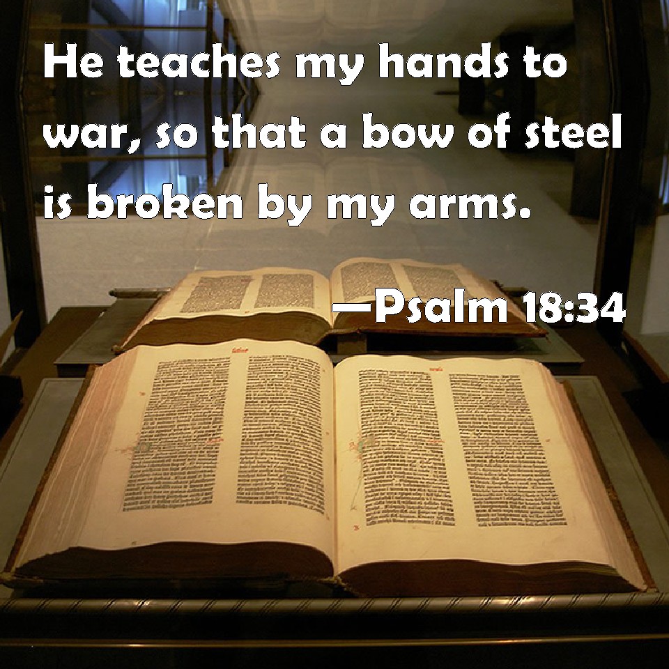 Psalm 18:34 He teaches my hands to war, so that a bow of steel is broken by  my arms.