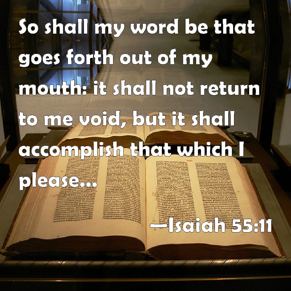 Isaiah 55:11 so is my word that goes out from my mouth: It will not return  to me empty, but will accomplish what I desire and achieve the purpose for  which I